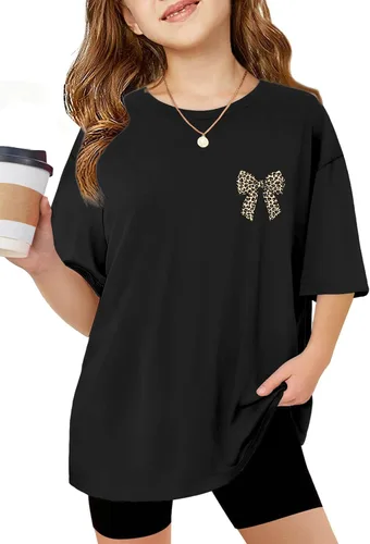 Vista 21 de Arshiner Camisetas de gran tamaño para niñas, camisetas básicas suaves y casuales de verano Negro