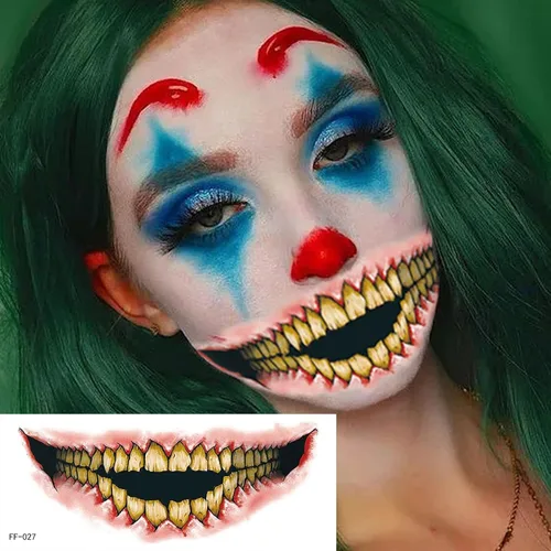 Vista 2 de Pegatinas de tatuaje de boca de terror temporal de terror para Halloween, accesorios de maquillaje, accesorios para disfraz, kit de cara