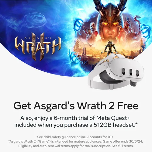 Vista 2 de Meta Quest 3 512GB Breakthrough Mixed Reality Powerful Performance Asgards Wrath 2 and Meta Quest+ Bundle