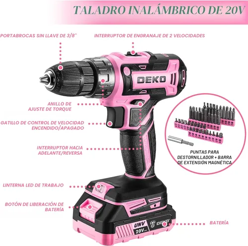 Vista 3 de Juego de herramientas de taladro eléctrico rosado: taladro eléctrico inalámbrico de 20 V, controlador, caja de herramientas con batería