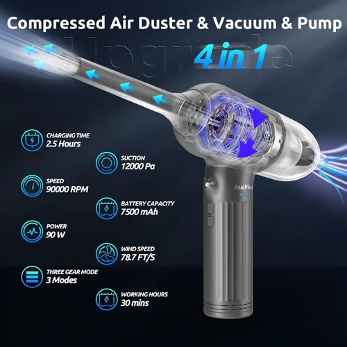 Vista 2 de RealPlus Plumero de aire comprimido 4 en 1, aspiradora y bomba, 12000Pa 7500mAh 3 velocidades recargable sin escobillas plumero eléctrico, soplador
