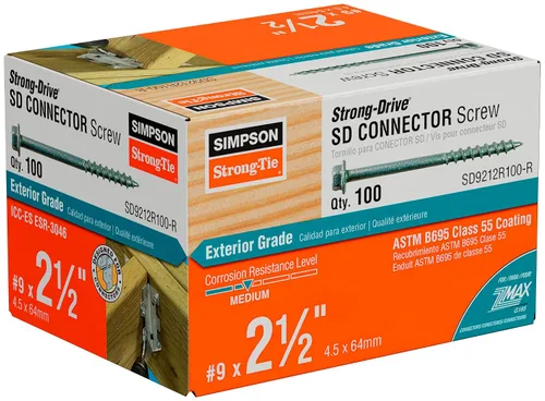 Vista 2 de Simpson Strong-Tie SD9212R100-R - Tornillos de conector SD de accionamiento fuerte #9 x 2-1/2 pulgadas, cabeza hexagonal de 1/4 pulgadas