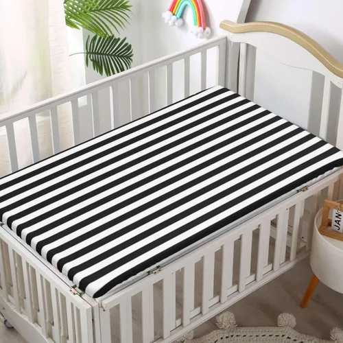 Vista 2 de Sábanas bajeras ajustables para cuna con temática de rayas blancas y negras, mini sábanas portátiles para cuna, material ultra suave, ideal