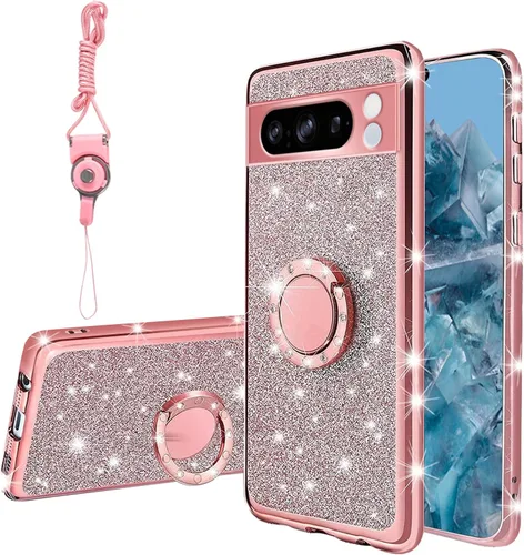 Vista 27 de Funda compatible con Google Pixel 6 Pro para mujer, con purpurina, suave, elegante, transparente, TPU de lujo, bonita funda protectora con correa