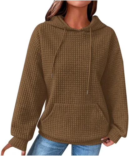 Vista 27 de Ceboyel Sudaderas con Capucha de Punto Waffle Lindas para Mujer con Cordón Pullover Sudaderas Suéteres Casuales de Moda Ropa Cómoda de Otoño