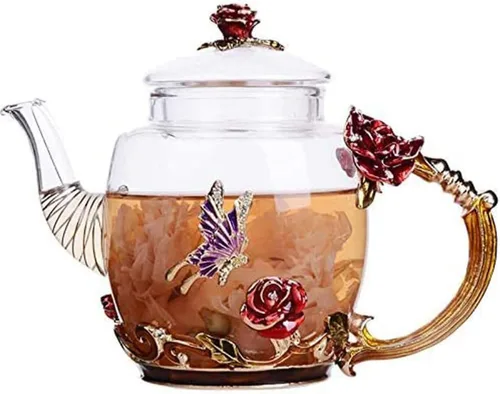 Vista 10 de Tetera creativa de cristal de flores para té de Kung Fu, buen regalo para hermana, mamá, abuela, profesores (rosa azul)