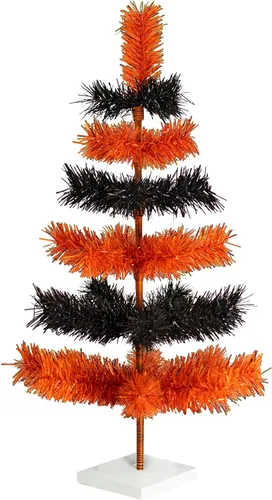Vista 6 de Árbol de Navidad multicolor naranja y negro con temática de Halloween, cepillo en capas de oropel artificial con soporte incluido (18 pulgadas)