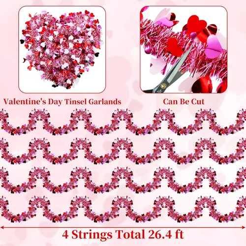 Vista 2 de Guirnalda de oropel de San Valentín de 4 cuerdas en total de 26.4 pies, cada guirnalda metálica de 6.6 pies con corazones colgantes con purpurina