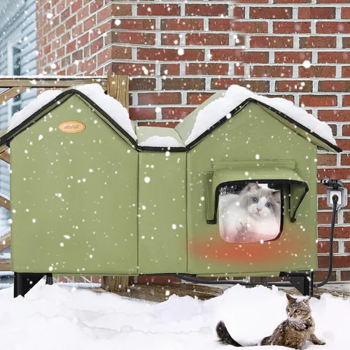 Vista 8 de Casa climatizada para gatos exteriores en invierno, casa para gatos climatizada extra grande al aire libre resistente a la intemperie con base
