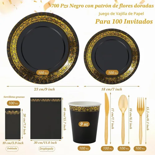 Vista 2 de Didaey - Juego de vajilla desechable de 700 piezas para 100 invitados, incluye 200 platos de papel, 300 cubiertos de plástico, 100 vasos de papel