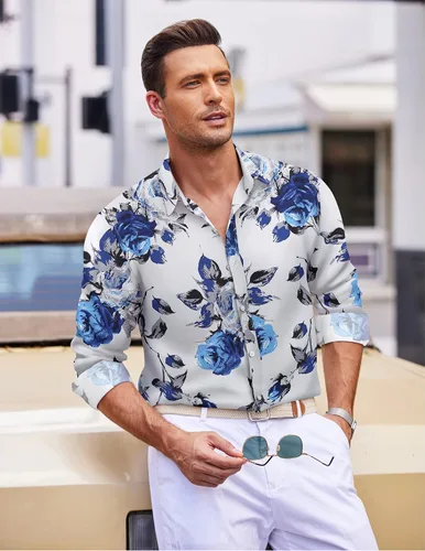 Vista 2 de Coofandy Camisa de vestir con ajuste muscular, para hombre, sin arrugas, manga larga, con botones