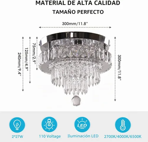 Vista 5 de Lámpara de Araña de Cristal Regulable de 11.8", Luz de Techo de Cristal, Lámparas de Araña Modernas de Montaje al Ras, Lámpara de Techo para 11.8