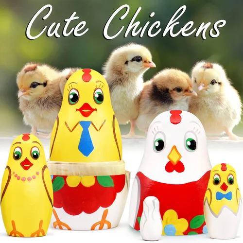 Vista 2 de AEVVV Juego de 5 muñecas de anidación de pollo - Decoración de cocina de pollo - Muñecas apilables de madera - Muñeca Matryoshka pintada a mano rusa