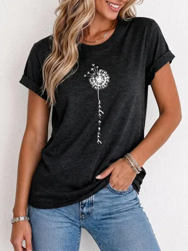 Vista 2 de MaQiYa - Camiseta de verano con estampado de diente de león para mujer, diseño vintage Negro