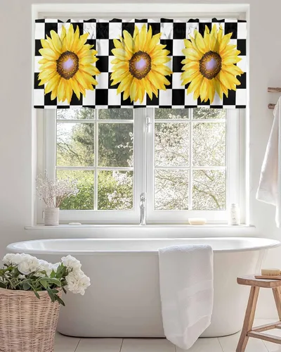 Vista 3 de Cenefas de girasol para ventanas de cocina, cenefa de cortina de granja, cortinas cortas de girasol de acuarela, cenefas con bolsillo para barra