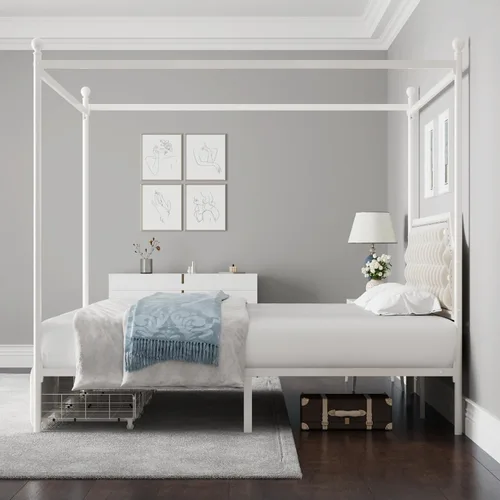 Vista 4 de Keyluv - Marco de cama con dosel tapizado tamaño King con 3 cajones y cabecera tapizada con botones, cama de plataforma metálica con 4 postes Beige