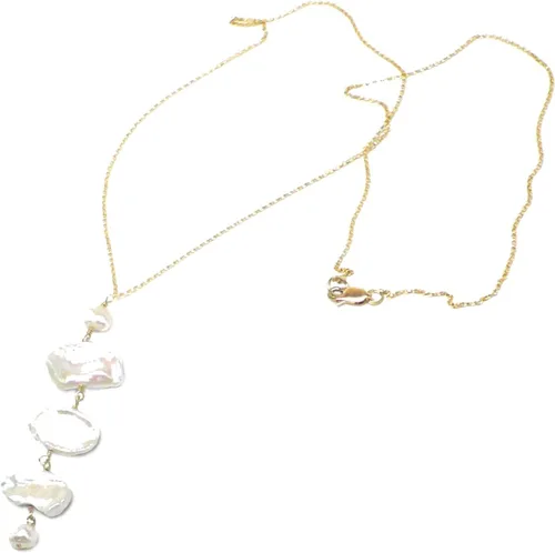 Vista 2 de Collar de cadena grande de perlas cultivadas de agua dulce Kishi Biwa de plata esterlina con relleno de oro