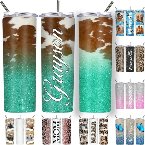 Vista 42 de Vaso delgado personalizado con purpurina con tapas y popotes, nombres, vasos de acero inoxidable personalizados con imagen para mujeres, hombres