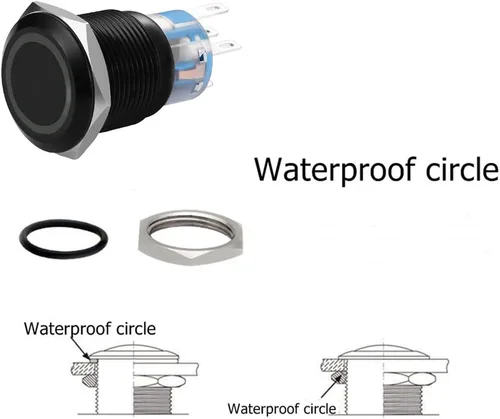 Vista 3 de Interruptor de botón de enclavamiento de 0.748 pulgadas, interruptor SPDT de encendido/apagado, impermeable, de metal negro, anillo LED de 12V