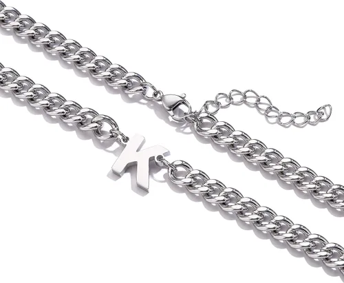 Vista 2 de DuoDiner Collar de cadena de eslabones cubanos con inicial A-Z para niños, hombres y mujeres, colgante de letra, acero inoxidable, 0.256in, 18+2
