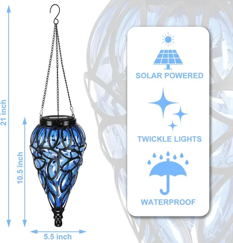 Vista 3 de Farol colgante solar para exteriores, 15 luces LED en forma de lágrima, luces colgantes blancas frías con ganchos en S decoración en jardín, patio