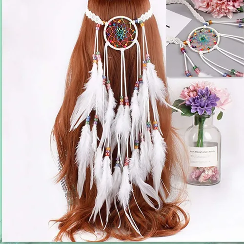 Vista 4 de Fodattm Diadema bohemia hecha a mano con plumas atrapasueños tocado tocado hippie estilo indio diadema (blanco)