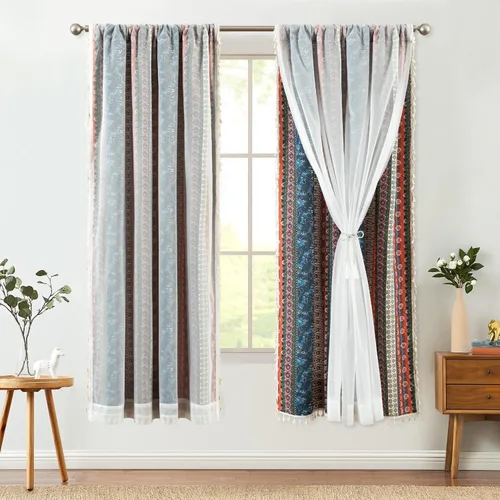 Vista 44 de VOGOL Cortinas con textura de lino con estampado floral bohemio, 59 x 63, 1 panel