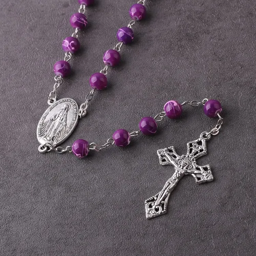 Vista 2 de Luomu Cuentas de vidrio de 0.315in con hermoso patrón impreso, cadena católica rosario, collar con medalla milagrosa de Virgen María y crucifijo, No