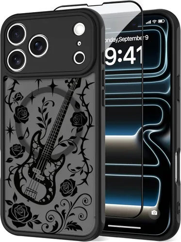 Vista 42 de OOK Funda magnética para iPhone 13 Pro Max [compatible con MagSafe] Funda delgada translúcida mate con flor silvestre negra, protección para lente