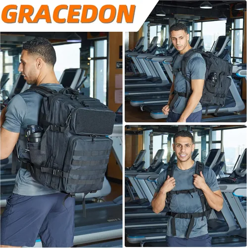 Vista 4 de gracedon Mochila Táctica Militar para Hombres y Mujeres, Mochila de Campamento del Ejército, Mochila de Asalto de 45L para Viajes, Senderismo (Negro)