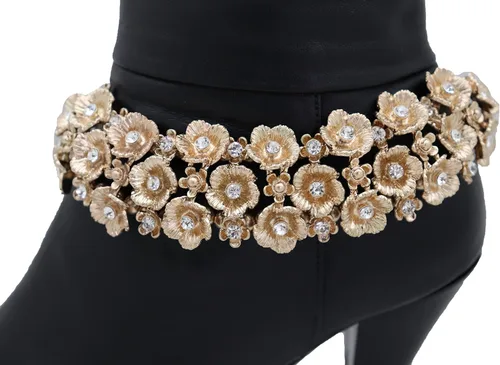 Vista 5 de Pulsera de botas de joyería para mujer, cadena de metal dorado, zapato alto, flor brillante, correa de encanto, boda nupcial, Metal