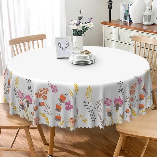 Vista 10 de Mantel redondo floral rústico de 48 pulgadas, con estampado botánico de flores en acuarela verde, azul y gris, a prueba de derrames y aceite, tela