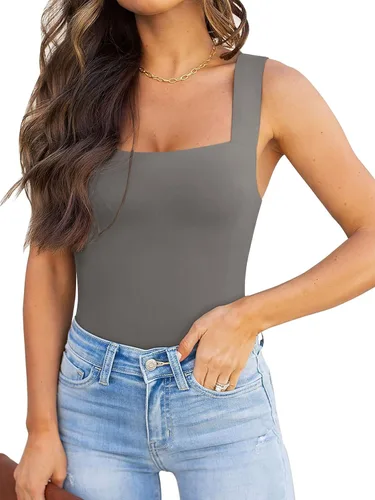 Vista 36 de Reoria - Camiseta sin mangas sexy tipo body con escote cuadrado para mujer, ropa para discoteca