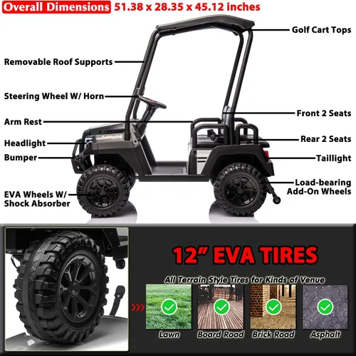Vista 9 de Carrito de golf para niños de 4 plazas 24V 4WD, con control remoto y neumáticos EVA, negro
