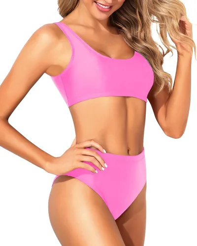 Vista 3 de Tempt Me Traje de baño deportivo de dos piezas para mujer, bikini de cuello redondo y tiro alto, top corto, traje de baño de cintura alta