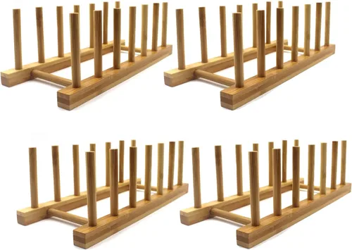Vista 10 de Rejilla de secado con soporte de bambú, para organizar platos, sartén, cuenco, copa, libro, tapa de olla para gabinete de cocina o encimera