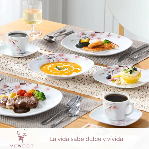 Vista 5 de VEWEET Annie - Vajilla de porcelana para 6 personas, 30 piezas, con platos y tazones, incluyendo cena, postre, sopa, tazas y platillos