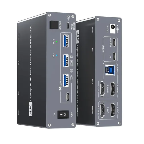 Vista 14 de 2 monitores 4 computadoras KVM Switch portátil y escritorio 4 puertos híbrido USB-C docking y doble Displayport y DP HDMI y Dual HDMI 4K@60Hz KVM