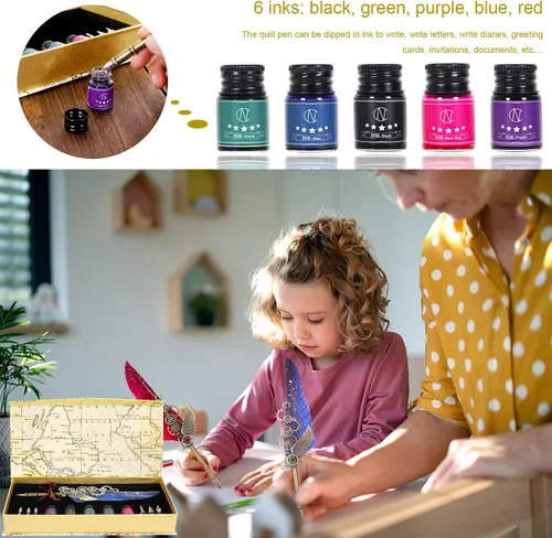 Vista 5 de NC Juego de tinta de plumas, incluye 5 botellas de tinta y 6 puntas reemplazables, bolígrafo mecánico para escribir, letras, diario, firma, Azul