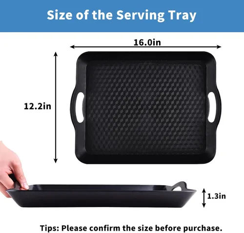 Vista 3 de Bandeja de plástico con asas, paquete de 2 bandejas rectangulares multiusos antideslizantes para servir restaurante para fiestas, mesa de café