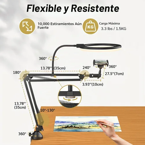Vista 7 de TONOR Kit de luz de anillo superior, luz de anillo de 10 pulgadas con brazo de pluma Heayy Duty y soporte para teléfono, ángulo ajustable, adecuado