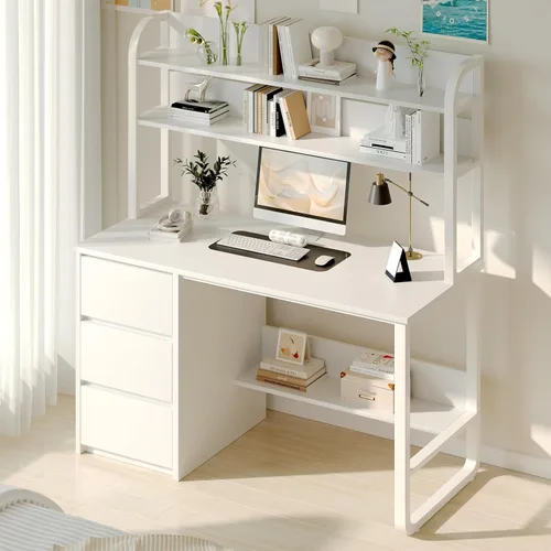 Vista 8 de MaverickFurni Escritorio para computadora de 60 pulgadas con estantes y hutch, escritorio de oficina en casa con 3 cajones de almacenamiento