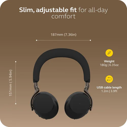 Vista 7 de Jabra Evolve3 75 Auriculares inalámbricos Bluetooth con micrófono para el trabajo, USB-A, tecnología de llamada de voz AI, cancelación activa
