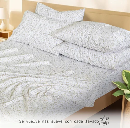 Vista 3 de RUVANTI 4 piezas de sábanas de algodón - 100% algodón natural suave, ligero y transpirable, sábanas de percal crujiente, juego de sábanas Botanica
