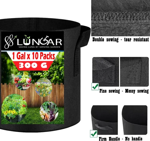 Vista 5 de Bolsas de cultivo LUNGAR 10 galones. Juego de 5 macetas para plantar, tela de aireación más gruesa de 300G, no tejida, asas reforzadas para maceta
