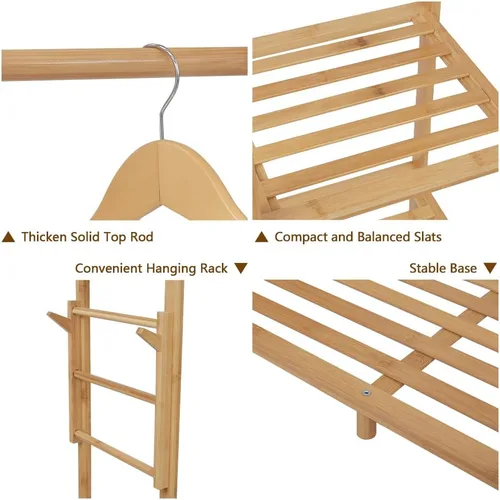 Vista 7 de Ufine Perchero de bambú para ropa de 6 niveles, estante colgante de ropa con ganchos laterales, estante de ropa resistente, organizador portátil