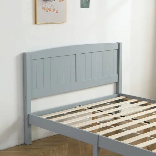 Vista 5 de Karl home Base de cama de madera tamaño matrimonial con cabecero, plataforma para dormitorio con estribo, soporte de 12 listones de madera, no Gris