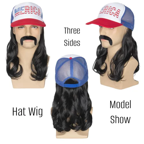 Vista 5 de Yan Dream Peluca de sombrero de salmonete rizado negro con bigote para el 4 de julio, sombrero de disfraz americano con pelo para hombres, fiesta