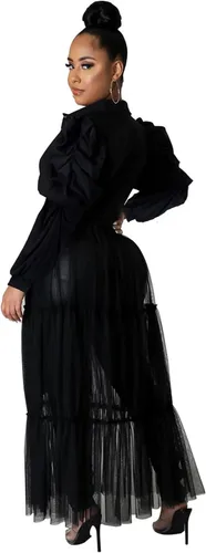 Vista 3 de Ekaliy Blusa sexy para mujer, manga larga con volantes, con botones, de malla transparente, maxi vestido con cinturón