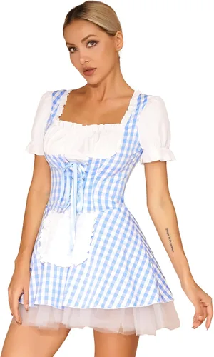Vista 3 de YiZYiF Disfraz de sirvienta de anime para mujer, vestido de delantal con volantes, vestido de fiesta de Halloween, escenario, vestido elegante